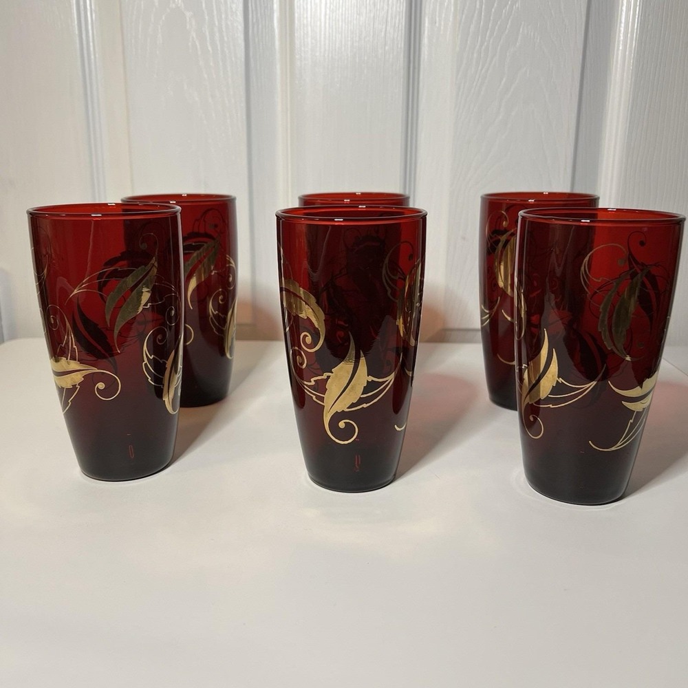 6‎ -  Vintage Anchor Hocking Ruby Red Tumblers with Gold Leaves